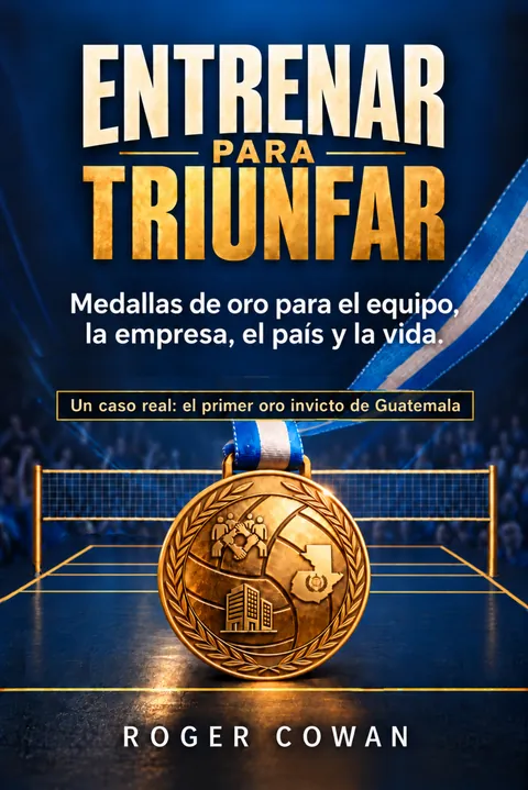 La portada de Entrenar para triunfar: una medalla de oro con cinta celeste y blanca sobre una cancha de voleibol